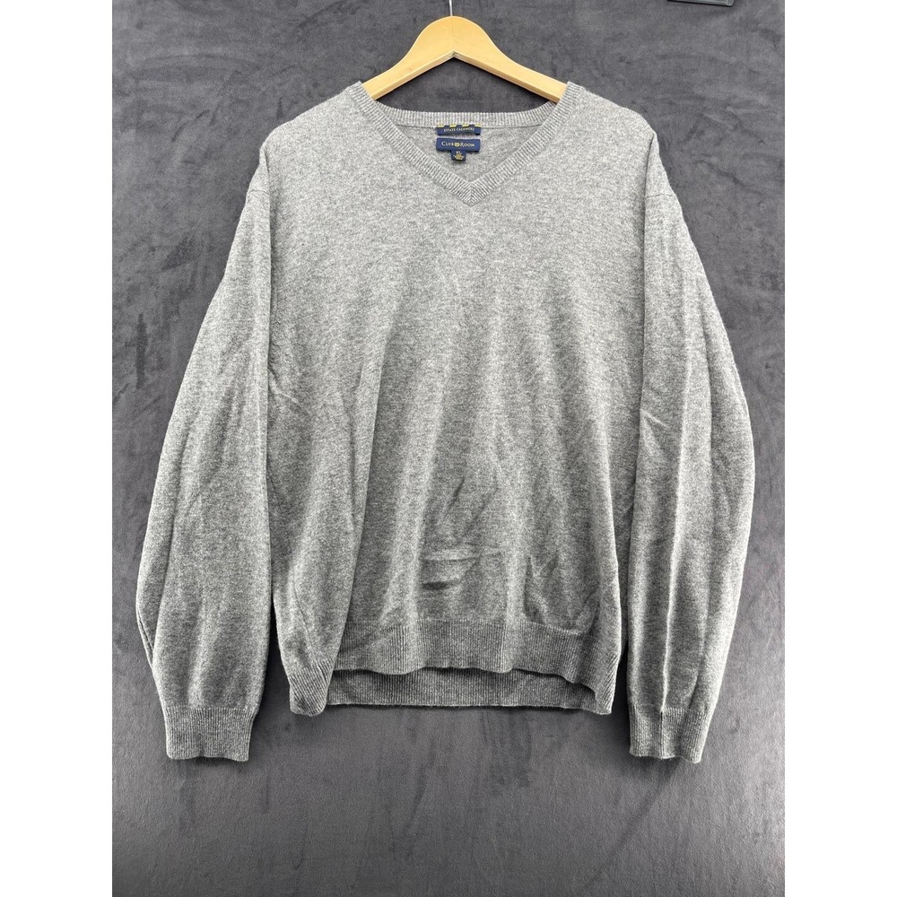 Club Room Estate Cashmere Sweater Mens XL Gray V-Neck 100% Cashmere Pullover